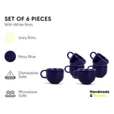 Ceramic Tea Cups Set Of 6 - Navy Blue Rim, 200ml Each | Tea Cup Set Of 6 - Premium Stoneware Tea Cup Set With Glossy Finish | Ceramic Tea Cup - Small Cups For Tea | Microwave Safe & Dishwasher Safe